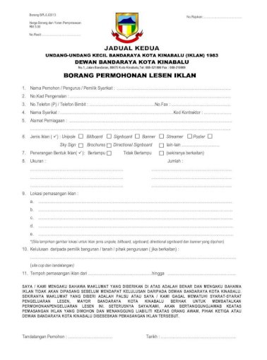 Jadual Kedua Dbkk Sabah Gov My 1 Permohonan Perlu Dikemukakan Melalui Borang Permohonan Lesen Pdf Document