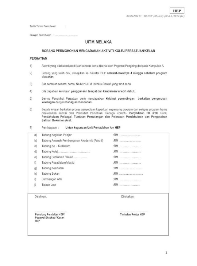 Tarikh Terima Permohonan Bilangan Permohonan Uitm Melaka Melaka Borang Permohonan Tabung Kegiatan Pelajar Rm Tabung Pusat Islam Masjid Rm Pdf Document
