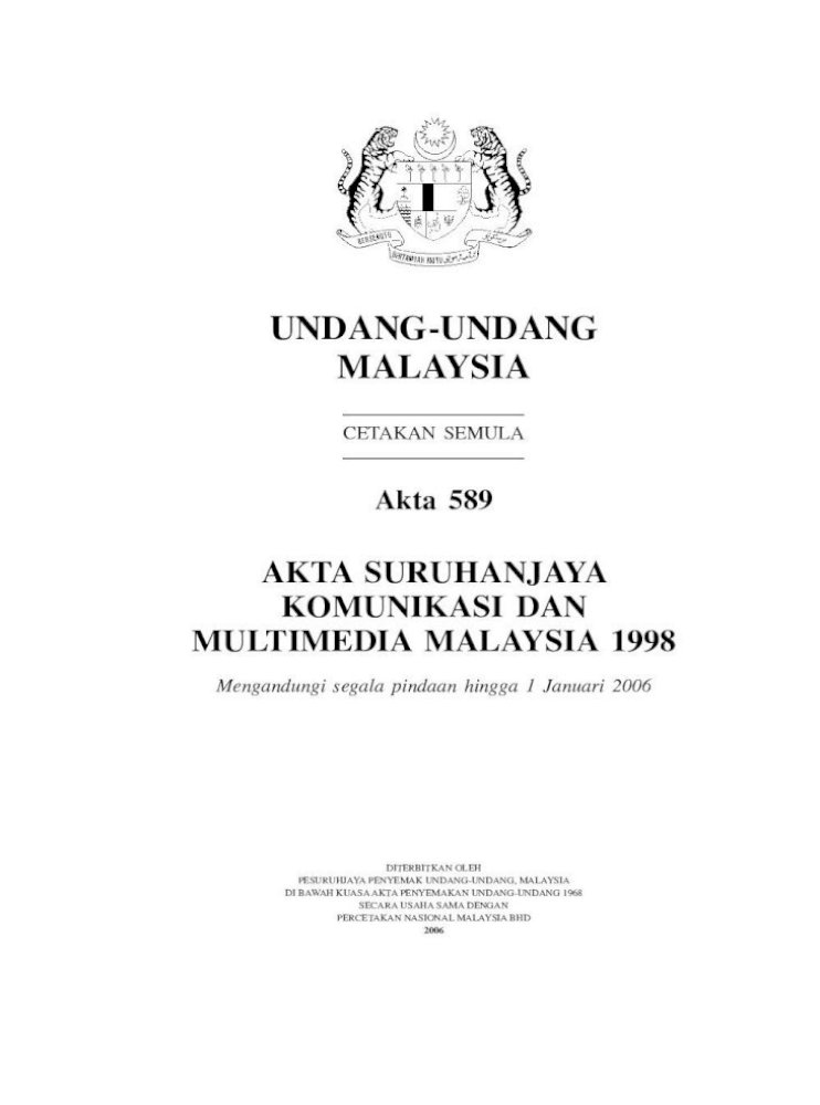 Undang Undang Malaysia Agc Gov My 589 Suruhanjaya Komunikasi Dan Multimedia Malaysia 3 Undang Undang Pdf Document